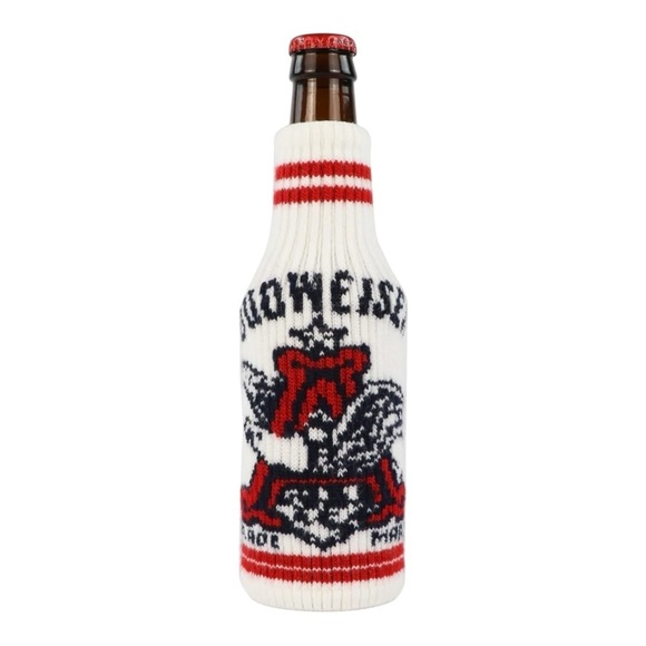 Budweiser Vintage Logo Knit White Sweater Bottle Coolie‎ Beer Koozie Collectable - Picture 1 of 3